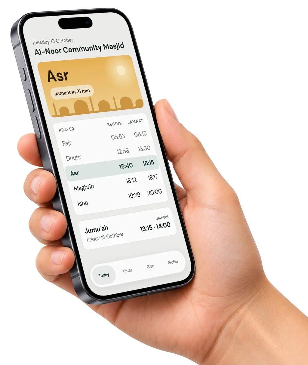 A hand holding a phone with Masjid App showing today's prayer times at Al-Noor Community Masjid